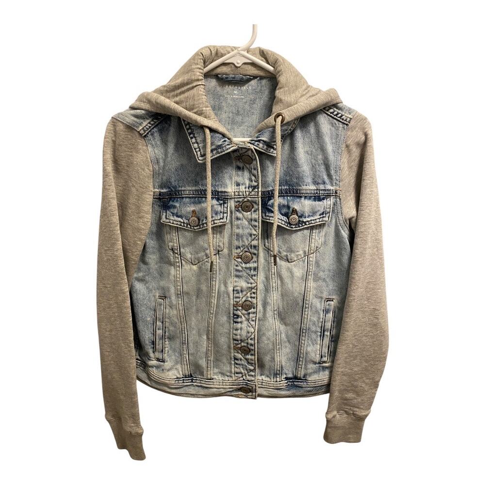Aeropostale Women's M Hooded Denim Fleece Jean Jacket Gray Blue Trucker Grunge
